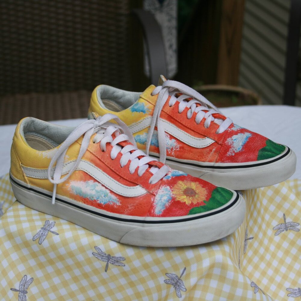 Vans Old Skool Painted Floral Low-Top Sneakers Yellow Orange Green White Size 8